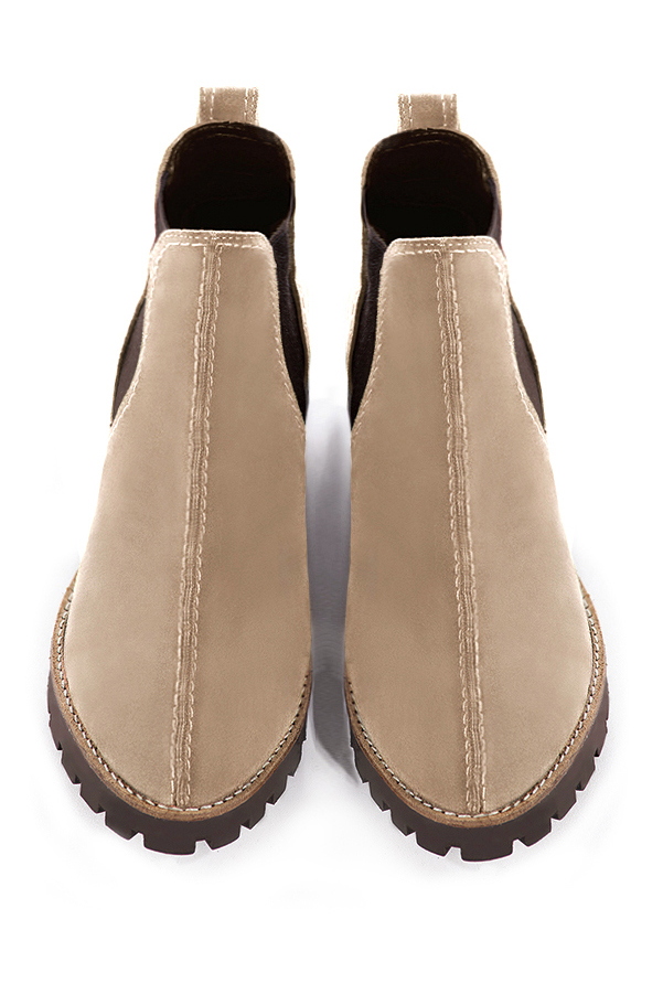 Tan beige and chocolate brown women's ankle boots, with elastics. Round toe. Low rubber soles. Top view - Florence KOOIJMAN